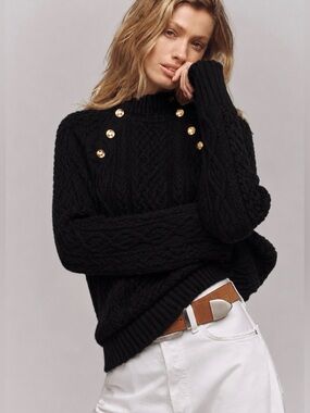 Fisherman Nautical Preppy Cable Knit Mock Neck Black Oversized Chunky Sweater S
